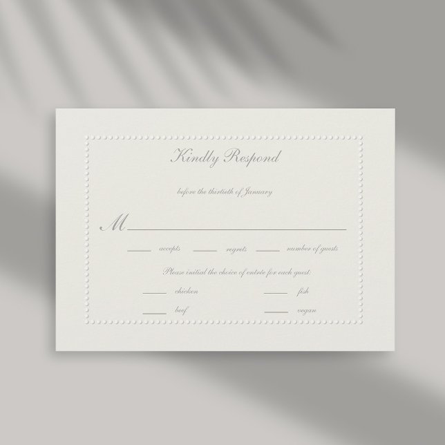 Faux Grabado en relieve Beaded Ecru Boda formal Me (formal wedding reply card meal choice rsvp response faux embossed beaded frame ecru linen classic)