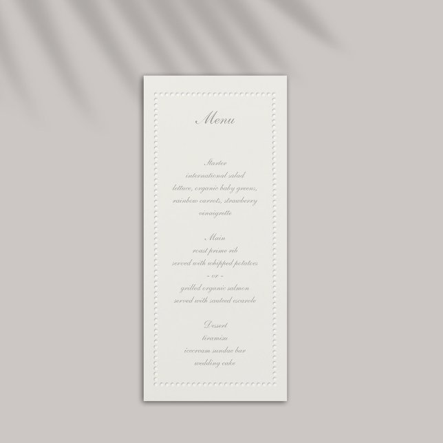 Faux Grabado en relieve Marco con guijarros Menú B (formal wedding menu traditional faux embossed beaded frame ecru eggshell elegant black tie)
