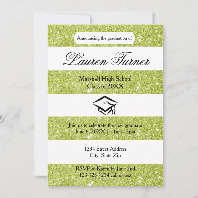 Faux Green Purpurina Stripe - Grad Invitación (Anverso)