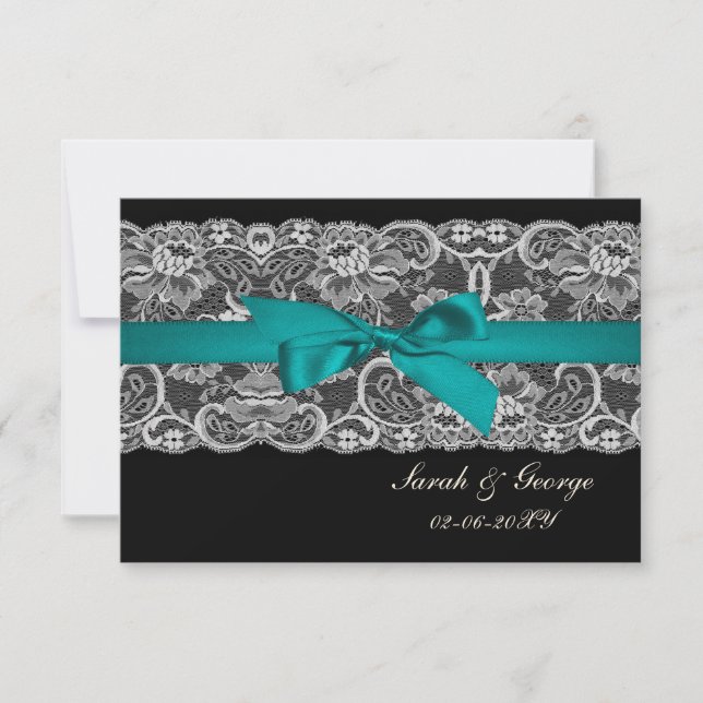 Faux lace y ribbon aqua , negro 3,5 x 5 rsvp (Anverso)