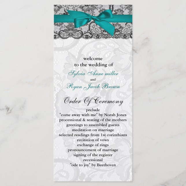 Faux lace y ribbon aqua, programas de boda negros (Anverso)