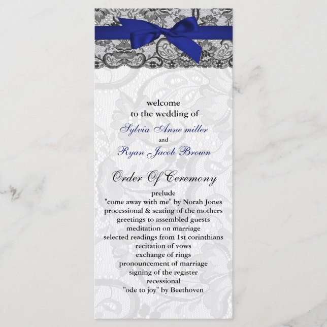 Faux lace y ribbon programas de boda azul marino (Anverso)