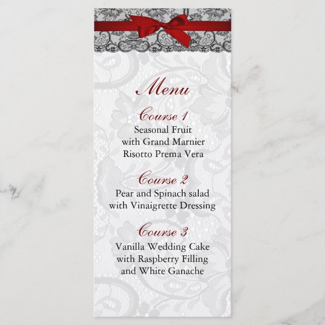 Faux lace y ribbon red ,black boda Menu (Anverso)
