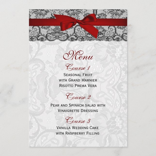 Faux lace y ribbon red ,black boda Menu (Anverso)