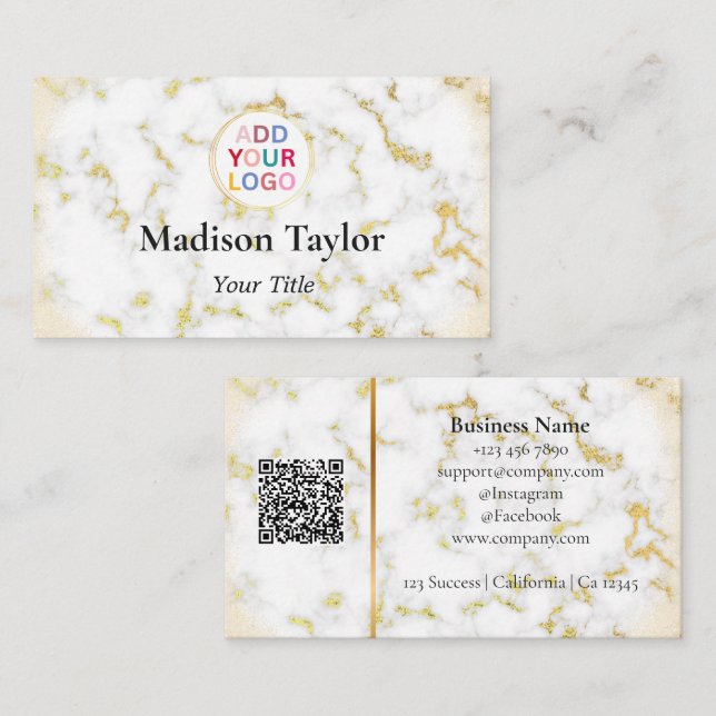 Faux Marble & Gold QR Code Tarjeta de presentación (Anverso / Reverso)