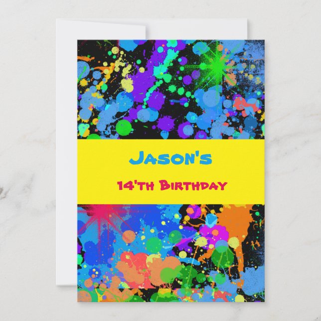 Faux Neon, Paint Splatter, Invitación al cumpleaño (Anverso)