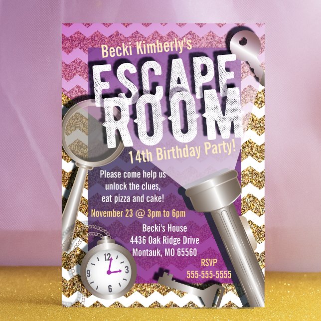 Faux Purpurina Escape Room Party Invitaciones (Glitter Escape Room Party Invitations)