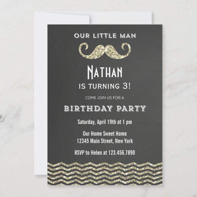 Faux Purpurina Mustache Invitación de cumpleaños (Anverso)