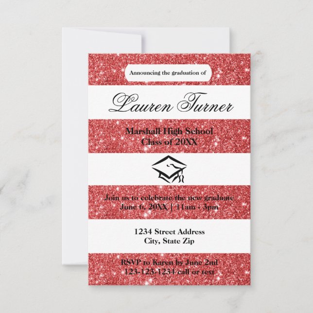 Faux Red Purpurina Stripe-3x5 Grad Invitación (Anverso)