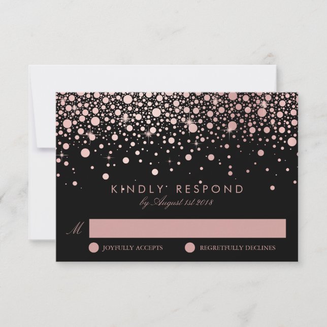 Faux Rosa Gold Confetti Dots Black Wedding RSVP (Anverso)