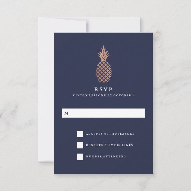 Faux Rosa Gold y Navy Pineapple Wedding RSVP (Anverso)