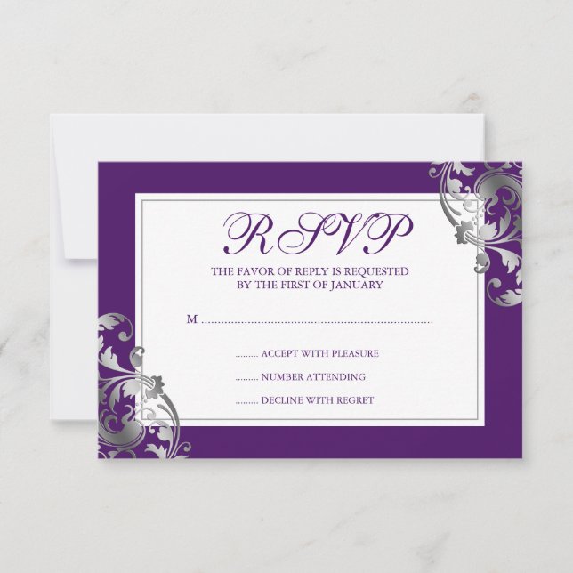 Faux Silver y Purple Flouril Boda Swirl RSVP (Anverso)