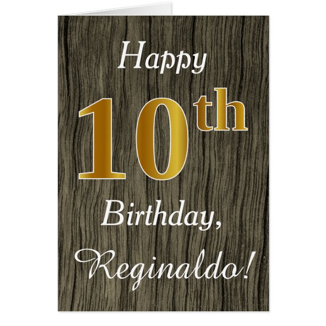 Faux Wood, Faux Gold 10th Birthday + Custom Name (Frente)