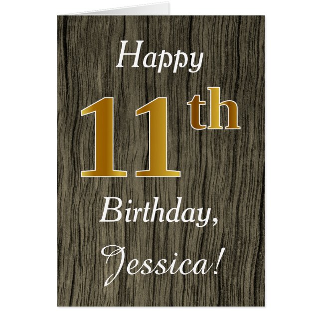 Faux Wood, Faux Gold 11th Birthday + Custom Name (Frente)