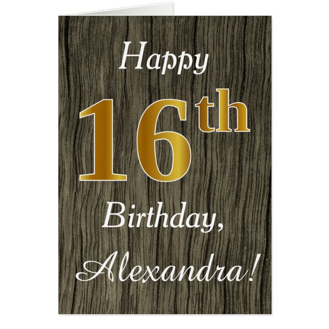 Faux Wood, Faux Gold 16th Birthday + Custom Name (Frente)