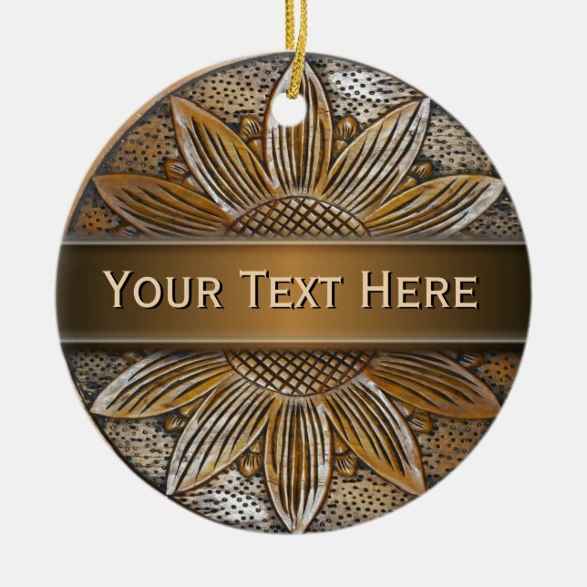 Faux Wood Sunflower Foto Cerámica Ornamentos redon (Frente)