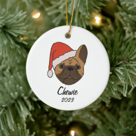 Fawn Frenchie Santa Hat Ornamento de Navidad