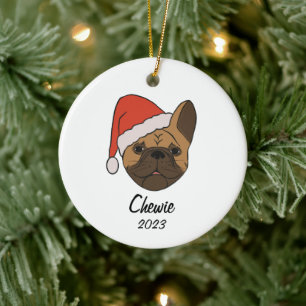 Fawn Frenchie Santa Hat Ornamento de Navidad