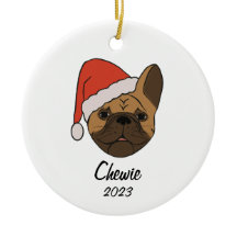 Fawn Frenchie Santa Hat Ornamento de Navidad