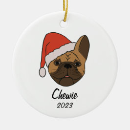 Fawn Frenchie Santa Hat Ornamento de Navidad