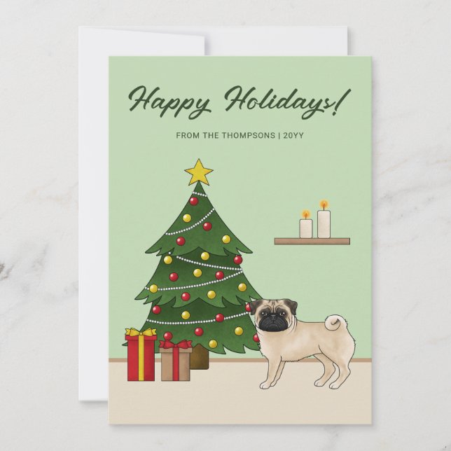 Fawn Pug Cute Cartog Perro Con Un Árbol De Navidad (Anverso)