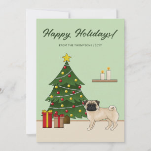 Fawn Pug Cute Cartog Perro Con Un Árbol De Navidad