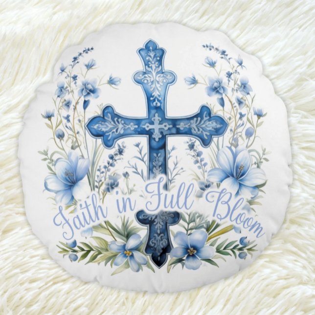Fe de almohada redonda en la Pascua de Bluebonnet  (Christian Easter Pillow Faith in Full Bloom Bluebonnet Floral with Cross)
