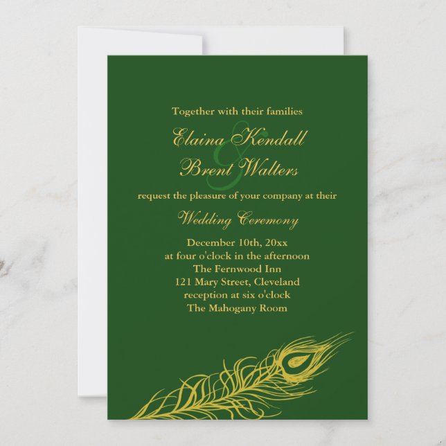 Feathers sobre la invitación a la boda verde esmer (Anverso)