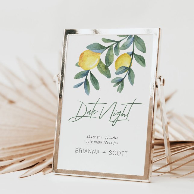 Fecha Noche Ideas Lemon Bridal Ducha de juego (Date night lemon bridal shower date night sign shown in gold frame)