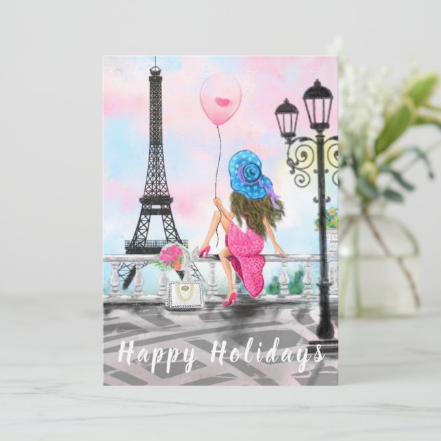 Felices fiestas - Amo París - Mujer con globo (Anverso de pie)