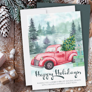 Felices Fiestas Bosque Brumoso y Camión Rojo Antig