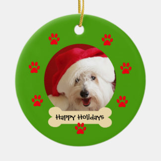 Felices fiestas con adorno navideño de perro