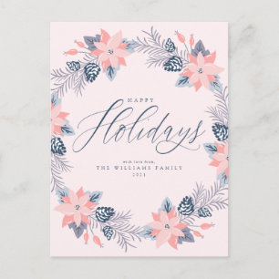 Felices Fiestas Corona de Poinsettia Rosa Tarjeta