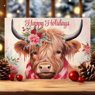 Felices Fiestas Floral Highland Cow Navidad