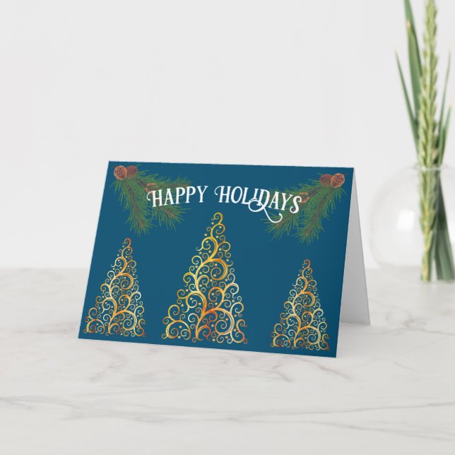 Felices Fiestas Gritos Tarjeta Árboles Oro y Azul (Anverso)