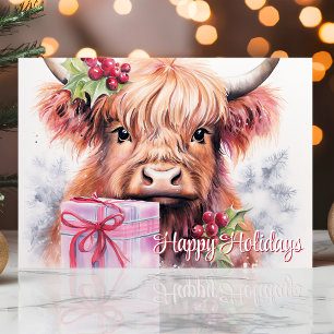 Felices Fiestas Navidad Vaca Highland Acuarela