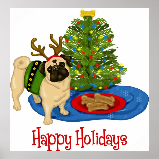Felices fiestas navideñas renos Posters de Pug (Frente)