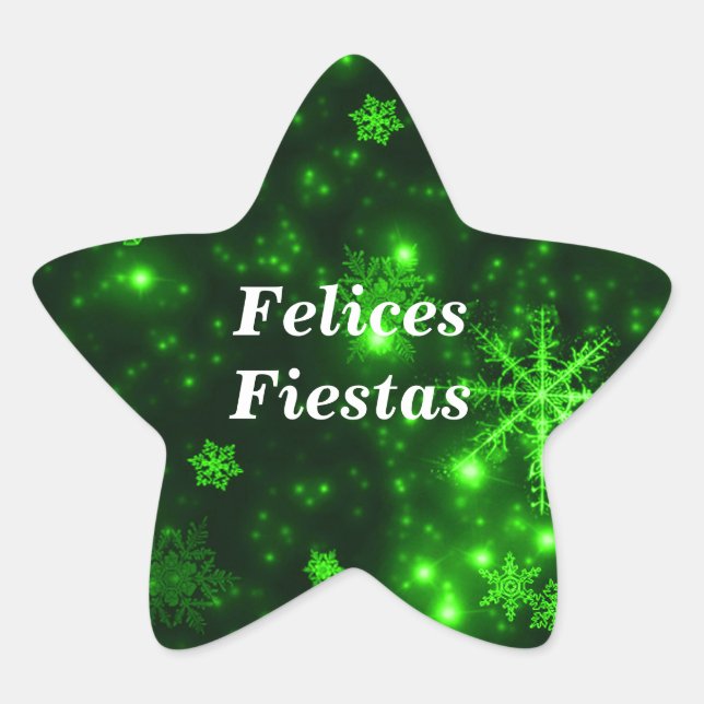 Felices Fiestas Snowflakes Estrella Verde Pegatina (Anverso)