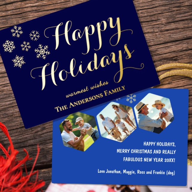 Felices Fiestas, tarjeta de foil azul marino perso (Christmas Navy Blue Photo Foil Card, Happy Holidays)