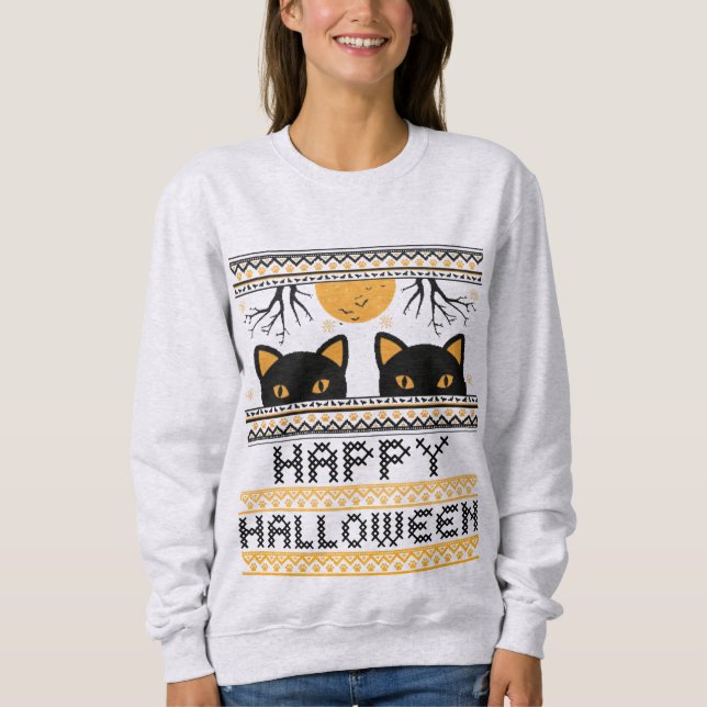 Felices gatos negros de Halloween, suéter de burla (Anverso)