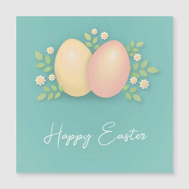 Felices huevos de Pascua y flores azul suave (Anverso)