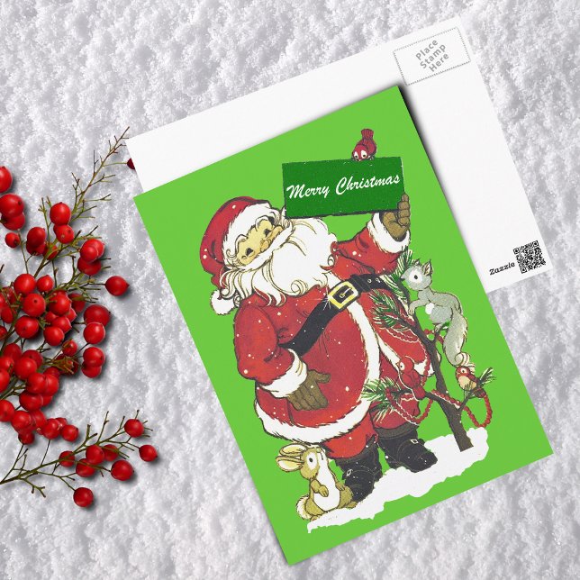 Felices Navidad de los animales lindos de Papá (Cute Santa claus animals decorated tree snow on green Merry Christmas postcard.)