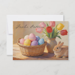 Felices Pascuas con huevos de colores y tulipanes