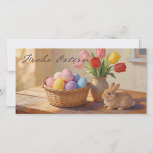 Felices Pascuas con huevos de colores y tulipanes