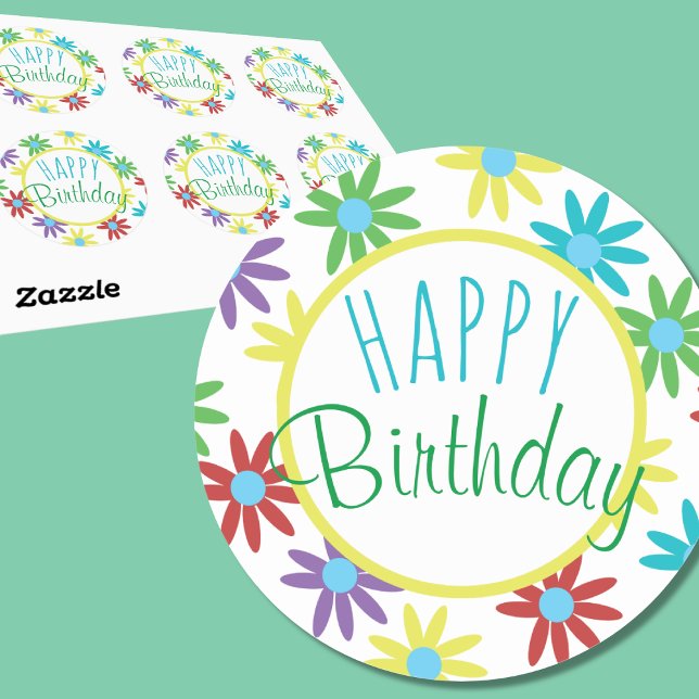 Felices Pegatinas florales de cumpleaños (Depiction of Round Stickers, Sheet of 6 and Front View)