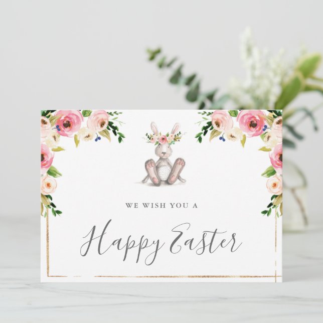 Felices Tarjetas De Pascua Con Bunny Floral (Anverso de pie)