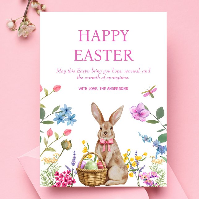 Felices Tarjetas de Pascua Pascua Bungalow Primave (Happy Easter Postcard - Cheerful design, pastel flowers, bunny, Easter Holiday Card, Watercolor)
