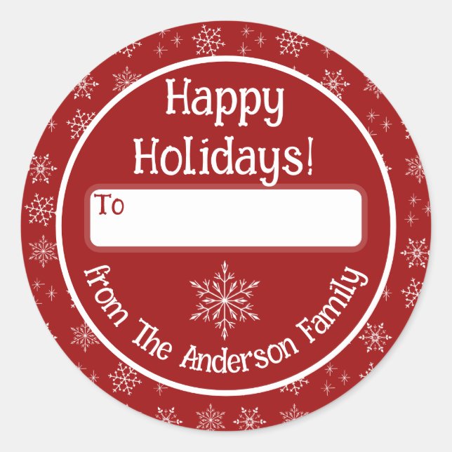 Felices vacaciones Pegatina rojo con copos de niev (Anverso)