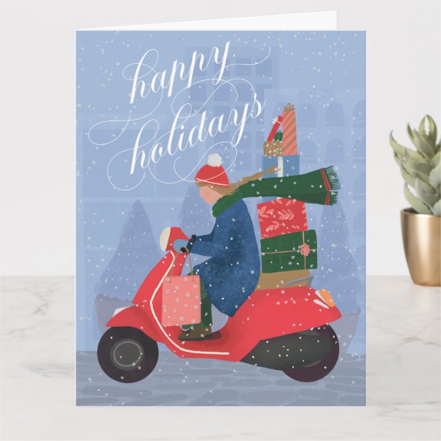 Felices vacaciones Scooter Doble tarjeta de saludo (Planta pequeña)