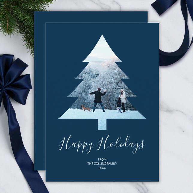 Felices vacaciones simple árbol de Navidad azul fo (Happy Holidays Simple Blue Christmas Tree Photo Holiday Card)